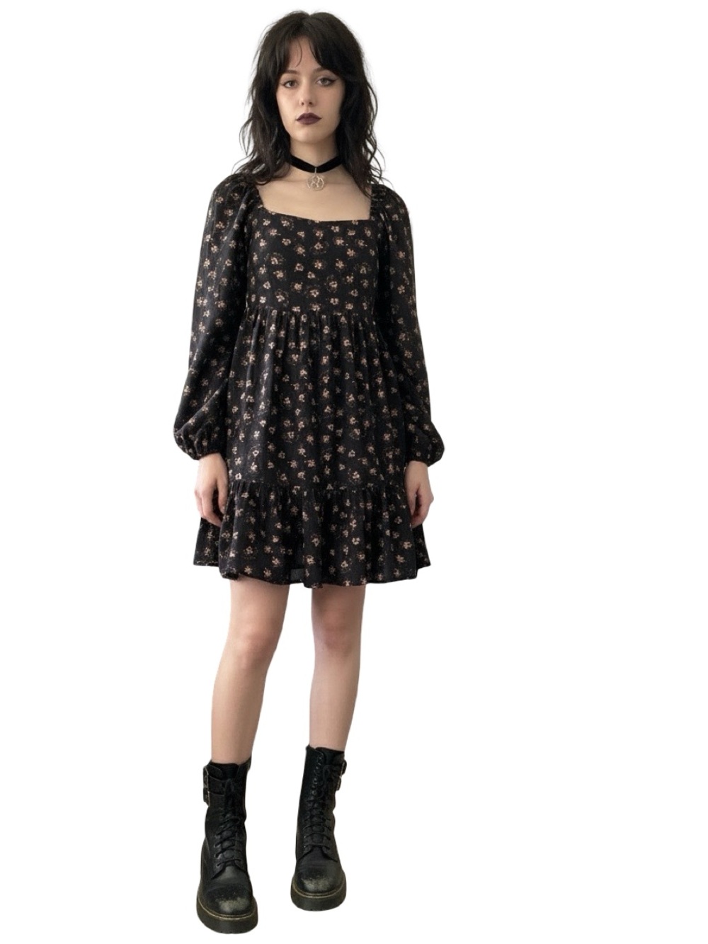 Cottage Goth 90’sGrunge Feminine Black Floral Square-Neck Long Sleeve Mini Dress